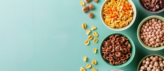 Aufkleber - Varied dry breakfast cereals displayed in bowls on a soft green backdrop from an overhead perspective with space for text or images. Creative banner. Copyspace image