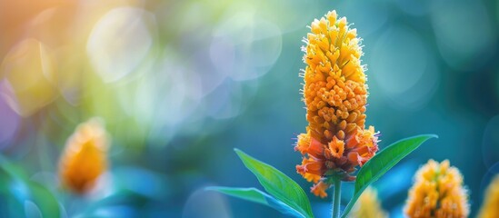 Poster - A stunning blurry backdrop featuring a yellow cockscomb flower celosia cristata with ample copy space on the right for text or imagery