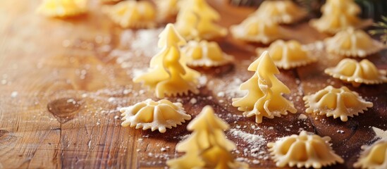 Aufkleber - Uncooked tree shaped Christmas pasta displayed on a wooden table with empty space for an image. Creative banner. Copyspace image