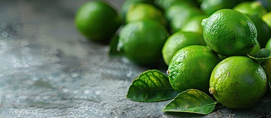Poster - Lush ripe limes displayed on a table with a blank area for text or images in the background. Creative banner. Copyspace image