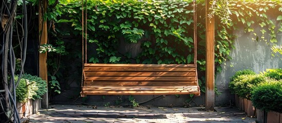 Wall Mural - wooden bench and swing in the garden with copy space image