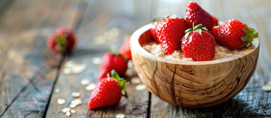 Aufkleber - A healthy breakfast featuring oatmeal porridge with fresh organic strawberries arranged in a wooden bowl creating an appealing copy space image