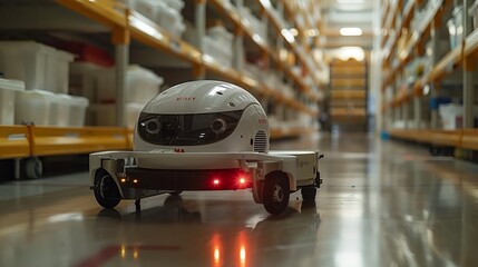 Poster - a white robotic assistant with large headlights and a small cargo bed moves along a warehouse floor.