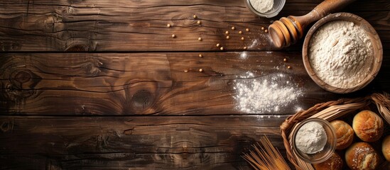 Aufkleber - Wooden background for baking with raw ingredients including copy space image