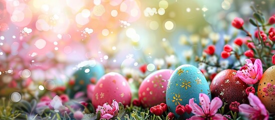 Fototapete - Festive Easter themed image with colorful eggs and blossoms. Creative banner. Copyspace image
