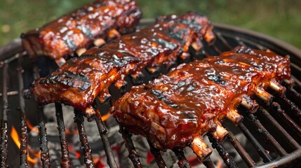 Sticker - Ribs are being cooked on a grill, with a lot of sauce on them. Concept of warmth and comfort, as the ribs are being cooked over an open flame, and the sauce adds a rich, savory flavor