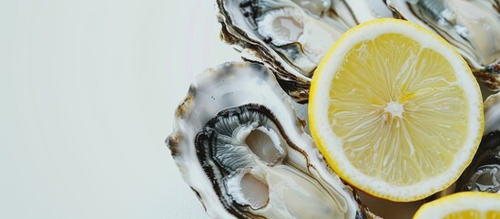 Aufkleber - Raw oysters presented with a lemon slice in a copy space image