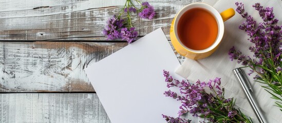 Aufkleber - White wooden background with a blank sheet of paper pen tea filled yellow mug stationery and purple flowers Features space for text alongside a copy space image
