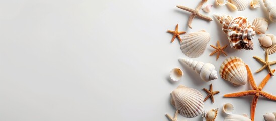Poster - Seashells scattered around a white frame on a white backdrop with a vacant copy space image within