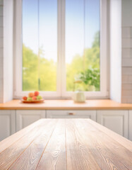 Wall Mural - Blurred kitchen summer window background with a bleached wooden table