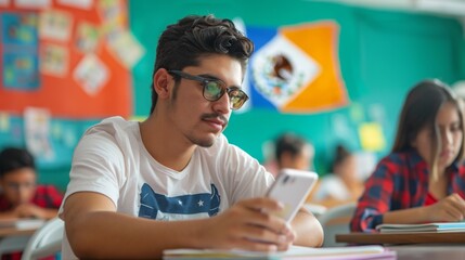 Poster - A student focused on his smartphone while seated in a classroom, surrounded by classmates engaged in their studies.