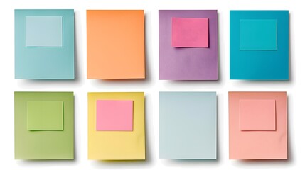 A set of sticky notes in various colors, organization, creativity, office supplies, isolated on white background