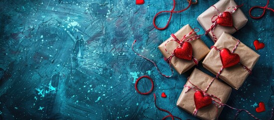 Canvas Print - Electric blue textured background with heart adorned gift boxes ideal for a romantic postcard with copy space image