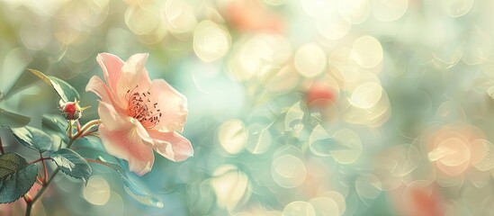 Poster - Soft floral card with a rosehip in bloom during spring or summer set against a blurred bokeh flower background for a pastel toned copy space image