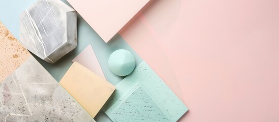 Poster - Modern arrangement of different materials and geometric shapes on a pastel background creating an elegant copy space image