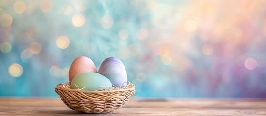 Fototapete - Pastel colored Easter eggs displayed in a woven basket against a colorful backdrop with copy space image capturing a festive holiday theme