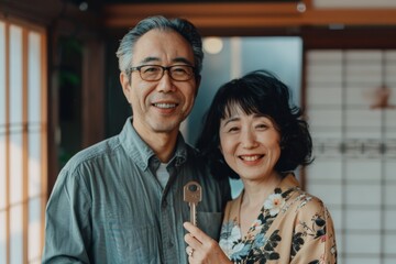 Wall Mural - Portrait of a smiling asian couple in their 40s holding happily a key to their new home which they were