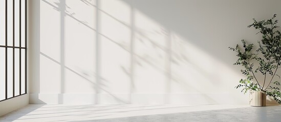 Fototapete - White wall background featuring a subtle light beige backdrop for product displays with delicate shadows cast by sunlight through a window ideal for copy space images