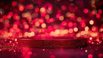 Poster - Shiny Red Glitter Podium with Vibrant Bokeh Background
