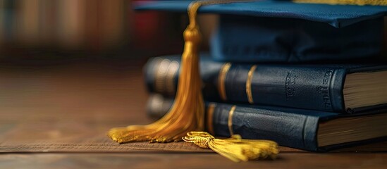 Poster - Graduation cap with gold tassel next to books illustrating education concept with a law theme and space for your ad text in the image. Creative banner. Copyspace image