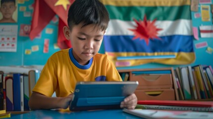 Aufkleber - A boy in a yellow shirt focuses intently on a tablet while seated at a colorful desk in a lively classroom decorated with flags.