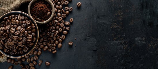 Aufkleber - Top view of a background with roasted coffee beans offering ample copy space image