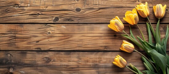 Poster - A wooden backdrop with yellow tulips perfect for a copy space image Ideal for a springtime greeting or birthday card background