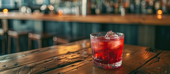 Poster - On a walnut table place a tumbler filled with red drink alongside a copy space image
