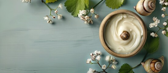 Poster - Natural cosmetics concept featuring cream infused with snail mucus shown in the copy space image