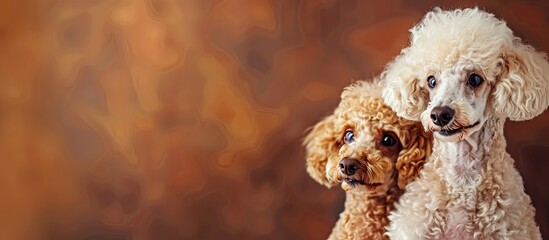 Poster - Two delightful poodles stand side by side in front of a brown background with copy space image