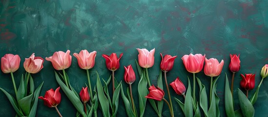 Aufkleber - Pink and red tulips set against a rich green backdrop with copy space for a Valentine s Day greeting card