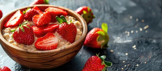 Aufkleber - A healthy breakfast featuring oatmeal porridge with fresh organic strawberries arranged in a wooden bowl creating an appealing copy space image