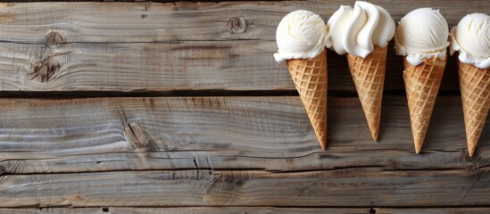 Poster - Ice cream scoops in waffle cones displayed on wooden planks in a studio setting with copy space image