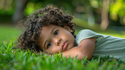 The boy lying on grass