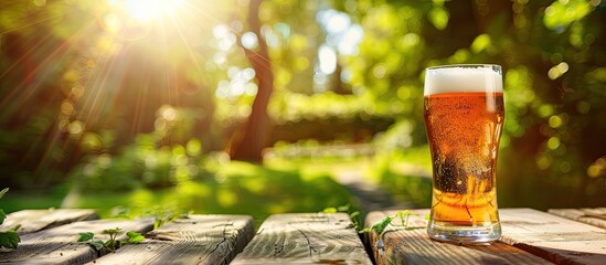 Poster - Focused on a beer placed on a wooden table in a garden setting with a blurred background ideal for a copy space image