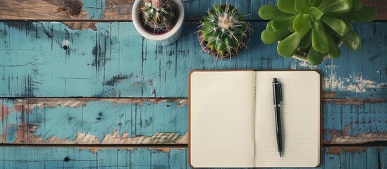 Leinwandbilder - Wooden work table with a blank notebook a pen a cactus and a sticky note perfect for displaying a copy space image