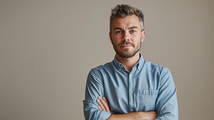 Poster - Confident and Composed:  A portrait of a mature man with a beard, wearing a blue shirt, arms crossed, standing against a neutral beige background. 