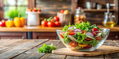 Fresh salad in glass bowl on wooden table in kitchen setting, salad, fresh, colorful, glass bowl, wooden table, kitchen