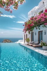 Wall Mural - A beautiful pool with a white house and pink flowers on the balcony. The pool is surrounded by a white wall and has a view of the ocean