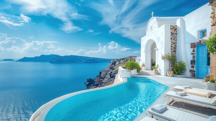 Wall Mural - A beautiful pool with a white house and pink flowers on the balcony. The pool is surrounded by a white wall and has a view of the ocean