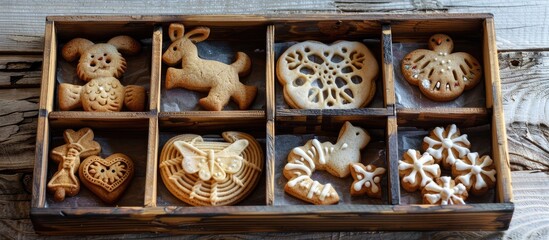 Aufkleber - Various homemade cookies such as dog heart elephant butterfly snowflake slug turtle rabbit chamomile and owl shapes displayed in a tray with copy space image
