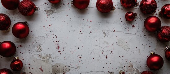 Poster - Festive Chinese New Year concept with red Christmas balls framing a white grunge background creating a Christmas themed frame Ideal for a flat lay mockup with copy space image