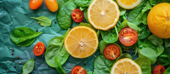 Poster - Top view of a vegan and vegetarian diet concept with a food pattern featuring lemons on a green paper background ideal for a square crop copy space image