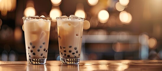 Aufkleber - A popular image of two glasses of yummy milk bubble tea with tasty tapioca pearls known as Boba milk tea displayed in a modern setting with room for text or design elements. Creative banner