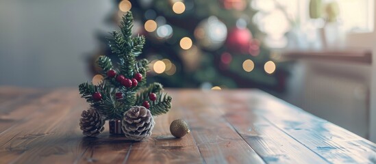 Poster - Holiday preparation displayed with Christmas decoration in focus on a wooden desk providing a festive copy space image