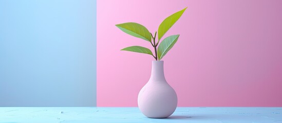 Canvas Print - Spring concept depicted with a gypsum vase displaying fresh leaves sprouting against a pastel pink and blue backdrop perfect for a copy space image