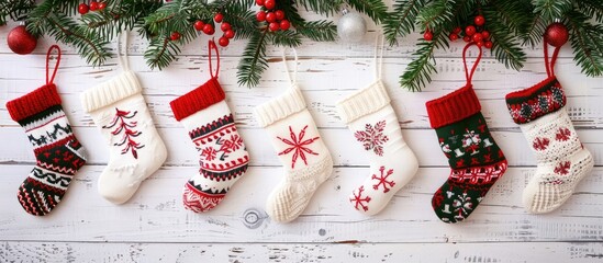 Aufkleber - Holiday gift giving is represented by knitted Christmas stockings on a white wooden backdrop with ample copy space image available