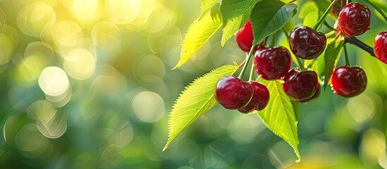 Canvas Print - Sweet cherry fruit ripens on a tree branch in the garden during summer The background features a blurred green bokeh effect and shallow depth of field offering a copy space image