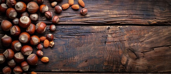 Aufkleber - Healthy concept with hazelnuts and nuts arranged beautifully on a wooden table perfect for a copy space image