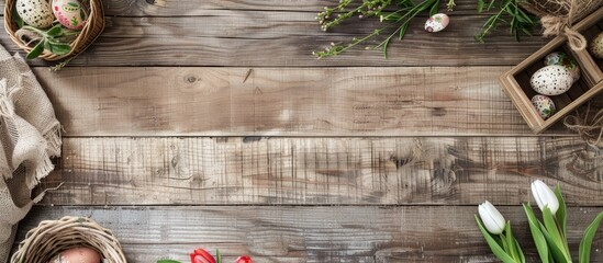 Aufkleber - Modern rustic wooden office desk with Easter decorations bunny egg tulip and accessories viewed from the top creating a holiday themed copy space image